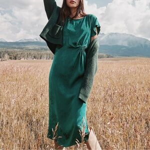 LOFT Floral Twist Flutter Sleeve Flare Green Dress